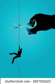 Business concept illustration of a businessman climbing on rope meanwhile a giant hand with scissors cutting the rope