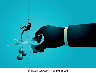 Business Concept Illustration eines Geschäftsmannes, der auf Seil klettert, während eine riesige Hand mit Schere seine Lasten mit Dollar-Symbol schneidet. Verlustkonzept ausschneiden