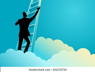 Business concept illustration of a businessman climbing a ladder above the clouds