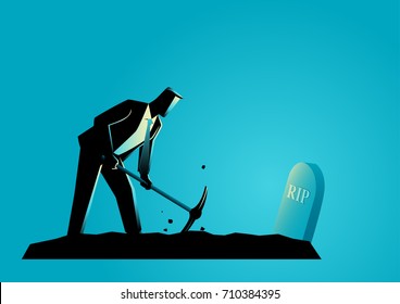 Business concept illustration of a businessman digging his own grave