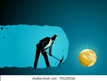 Business concept illustration of a businessman digging and mining to find bitcoin