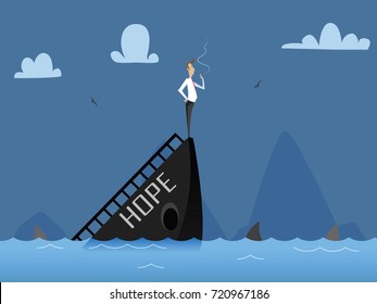 Business concept illustration of businessman fall down, business failure, crisis concept. Sinking boat with businessman smoking last cigarette. Flat vector design