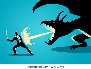 Business concept illustration of a businessman fighting a dragon. Risk, courage, leadership in business concept