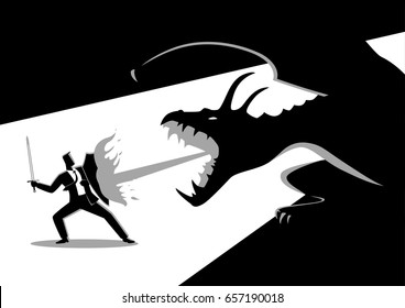 Business concept illustration of a businessman fighting a dragon. Risk, courage, leadership in business concept