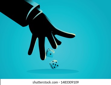 Business concept illustration of businessman hand throwing dices. Unpredictable, taking risk concept.