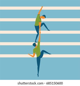 Business Concept Illustration Of A Businessman Helping His Partner To Climb The Ladder; Cartoon Flat Illustration For Collaboration And Teamwork