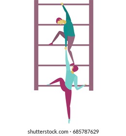 Business concept illustration of a businessman helping his partner or friend to climb the ladder or stairs of success; cartoon flat illustration for collaboration and teamwork