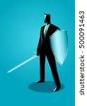 Business concept illustration of a businessman holding a sword and shield, preparation, protection, precaution in business concept