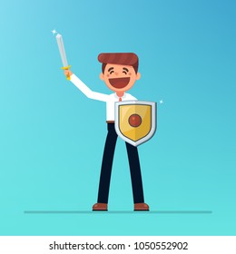 Business concept illustration. Businessman holding a sword and shield.
