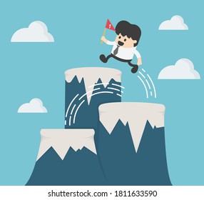 Business concept illustration of a businessman Holding a flag jumping up the mountain