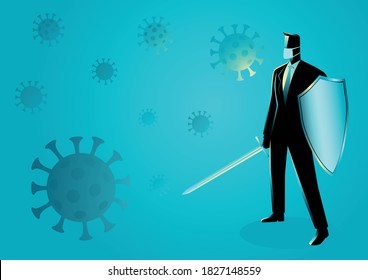 Business concept illustration of a businessman holding a sword and shield, preparation, protection, precaution against pandemic