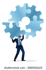 Business concept illustration of a businessman holding on his shoulder the final peace of puzzle which forming a gear, business, complete, completion, solution concept