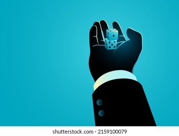 Business concept illustration of businessman holding dices, unpredictable, taking risk, speculation concept