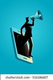 Business concept illustration of a businessman holding a megaphone coming through from smart phone. Digital marketing, communication, advertisement concept