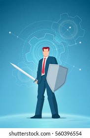 Business concept illustration. Businessman holding a sword and shield. Gear drawings on background. Elements are layered separately in vector file.