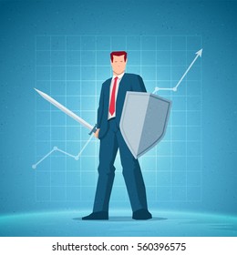 Business concept illustration. Businessman holding a sword and shield. Chart on background. Elements are layered separately in vector file.