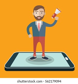 Business concept illustration of a businessman holding a megaphone coming through from smart phone. Digital marketing, communication, advertisement concept