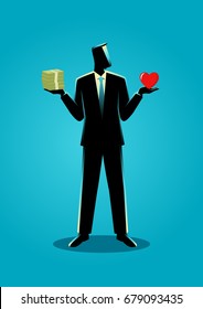Business concept illustration of businessman holding a bank notes on his right hand and a heart symbol on his left hand