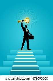 Business concept illustration of a businessman holding a golden key on top of stairs