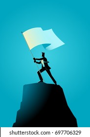 Business concept illustration of a businessman holding a flag on top of rock