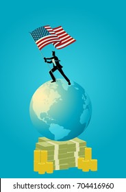 Business concept illustration of a businessman holding the flag of USA on world globe