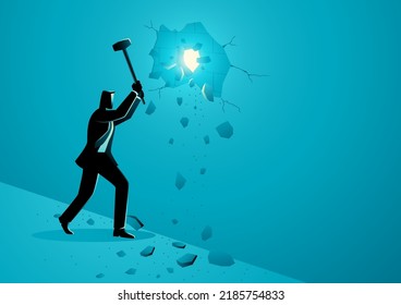 Business Concept Illustration Of Businessman Insistently Looking For Way Out By Breaking The Wall, Persistence, Determination Concept