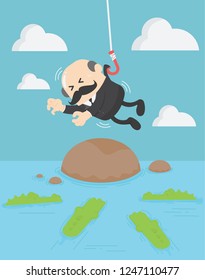 Business concept illustration of a businessman with  into water full with hungry crocodiles