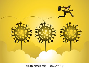 Business concept illustration of a businessman jumping through covid19. Global business concept