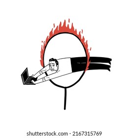 Business concept illustration. Businessman jumping through fire circle, challenge, obstacle, skillful concept. Hand drawn vector illustration. 