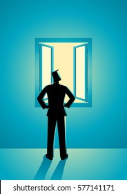 Business concept illustration of businessman looking through window