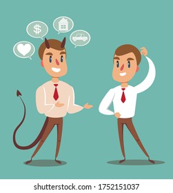 Business concept illustration of a businessman making a deal with devil. Vector flat design illustration.