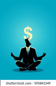 Business concept illustration of a businessman meditates with enlightenment dollar symbol above his head
