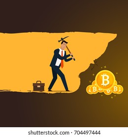 Business concept illustration. Businessman mining to find bitcoins and earning cryptocurrency. Flat style vector illustration.