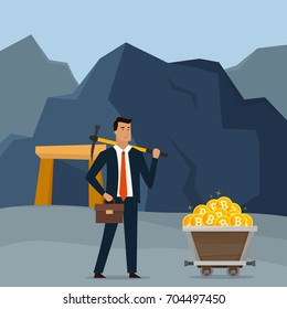 Business concept illustration. Businessman mining bitcoins and earning cryptocurrency. Trolley with money. Flat style vector illustration.