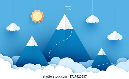 Business concept illustration. Businessman is on the mountain top with flag. Paper art style vector illustration. Elements are layered separately in vector file.