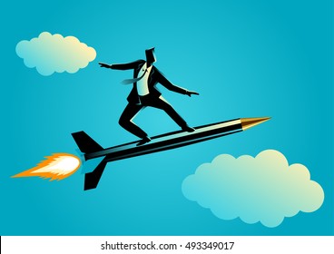 Business concept illustration of a businessman on a rocket pen