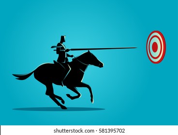 Business concept illustration of a businessman on horseback charging in a joust with lance trying to hit the target