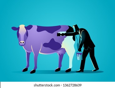 Business concept illustration of a businessman painting a cow with puple paint, marketing concept that states that companies must build things worth noticing right into their products or services