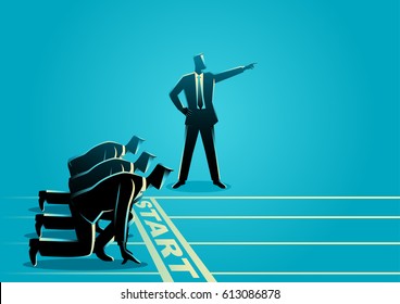 Business concept illustration of a businessman with pointed hand ordering his subordinate to start running