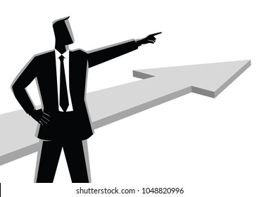 Business concept illustration of a businessman pointing finger with arrow graphic on the background