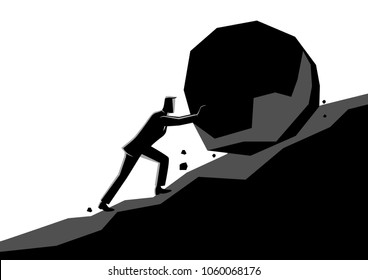 Business concept illustration of a businessman pushing large stone uphill