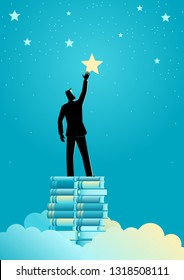 Business concept illustration of a businessman reach out for the stars by using books as the platform