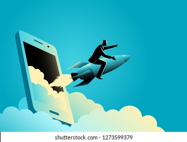 Business concept illustration of a businessman riding a rocket comes out from smart phones' screen. Start up business, business launching concept