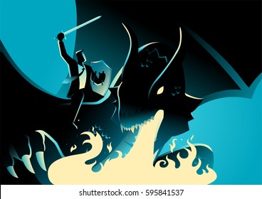 Business concept illustration of a businessman riding a dragon. Conquering adversity, courage, victory, leadership in business concept