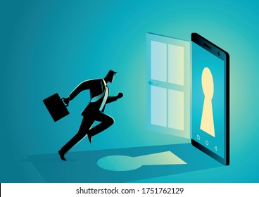 Business concept illustration of a businessman running into a smart phone. Modern technology, digital, online business opportunities