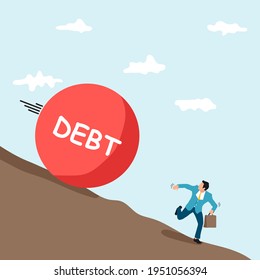 Business concept illustration of a businessman running away from big stone with message debt that is rolling down to him.