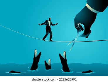 Business concept illustration of a businessman running on rope over a river full with alligators, meanwhile a giant hand with scissors is cutting the rope, double the trouble