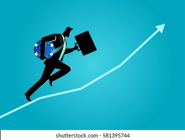 Business concept illustration of a businessman running carrying briefcase and blue chip