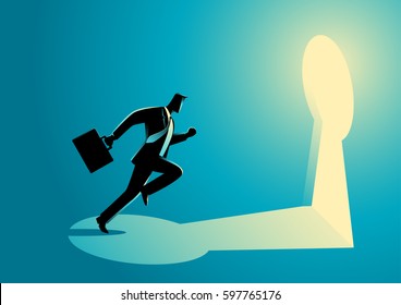 Business concept illustration of a businessman running towards a key hole. Business, chance, opportunity, success concept