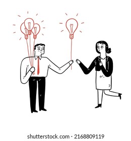 Business concept illustration of a businessman sharing knowledge to another businessmen symbolize by light bulb balloons, Hand drawn vector illustrations.